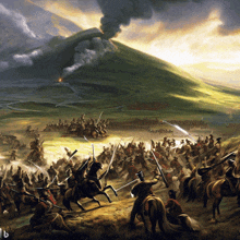 a painting of a battle with a mountain in the background has the letter b on the bottom right