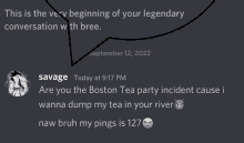 a screenshot of a conversation between savage and bree on september 12th 2022