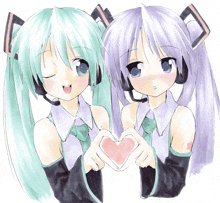 a drawing of two anime girls making a heart with their hands