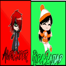 a red and green poster with the names alexander and rira satad on it