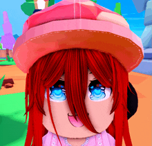 a girl with red hair wearing a pink hat