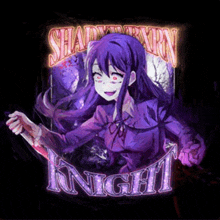 a purple anime girl with red eyes is holding a knife and the word knight is on the bottom of the picture .