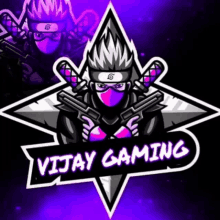 a logo for vijay gaming shows a man in a mask holding two guns