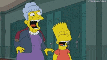 bart simpson is standing next to a woman in a locker room .