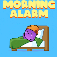 a cartoon illustration of a purple monster in bed with the words morning alarm above him