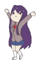 a cartoon of a girl with long purple hair and arms outstretched .