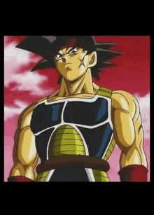 bardock from dragon ball z is standing in front of a red sky .