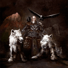 a man with a beard is surrounded by two wolves