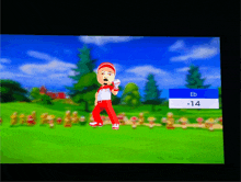 a video game screen shows a person standing in a field with the number 14 on the bottom