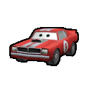 a red car with a white stripe on the side is on a white background in a video game .