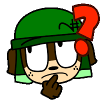 a cartoon character with a green hat and a red question mark