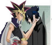 sasuke and yugi from yu gi oh are standing next to each other and touching each other 's faces .