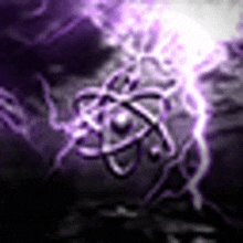 a purple lightning bolt with a symbol of an atom .