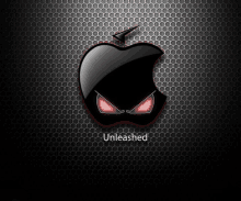 a black apple with red eyes and the word unleashed underneath it