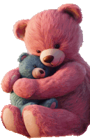 a pink teddy bear holds a blue teddy bear