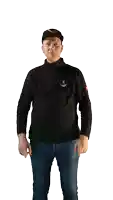 a man wearing a black jacket and a black hat is giving the middle finger