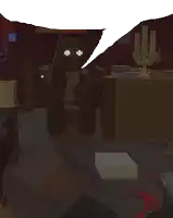 a cartoon character is standing in a dark room with a speech bubble coming out of his mouth .