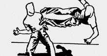 a black and white drawing of a man kicking another man