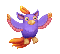 a purple bird with pink and orange feathers is flying with its wings outstretched