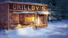 a grillby 's restaurant in the snow with a sign that says open