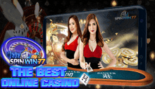 a phone screen shows two women playing a game with the words the best online casino below them