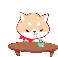 a cartoon dog is sitting at a table with a cup in front of it