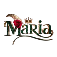 a green and gold maria logo with a red rose and feather