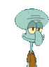 squidward from spongebob squarepants is wearing a brown shirt and has a squid in his nose .