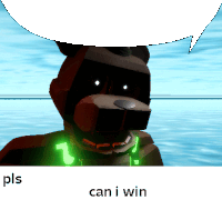 a picture of a bear with a speech bubble that says " pls can i win "