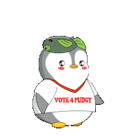 a penguin wearing a shirt that says vote 4 pudgy