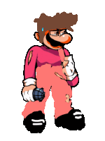 a cartoon drawing of mario holding a microphone and wearing pink pants