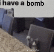 a cat is standing in a room with a sign that says `` i have a bomb '' in the background .