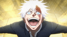 a cartoon character with white hair and blue eyes is making a funny face