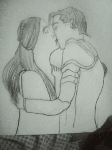 a drawing of a man and woman kissing