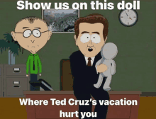 a south park cartoon shows a man holding a stuffed doll