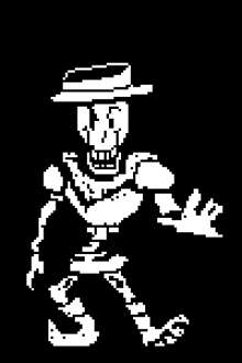 a pixel art of a skeleton wearing a hat and waving .