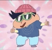 a cartoon character wearing sunglasses , a hat and a blue shirt is giving a thumbs up .