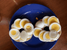 a blue plate with hard boiled eggs on it