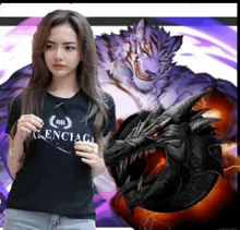 a woman wearing a balenciaga t-shirt is standing in front of a dragon