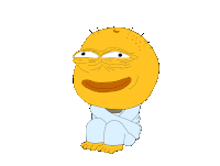 a cartoon drawing of a yellow smiley face sitting with his arms crossed and his legs crossed