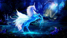 a blue and white unicorn with wings is standing in a river