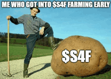 a man standing next to a large potato that says $ s4f on it