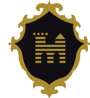 a black and gold shield with a castle in the middle