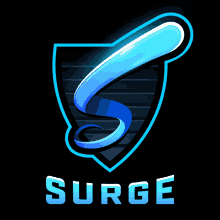 a logo for surge with a blue and white swirl