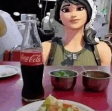 a cartoon girl is sitting at a table with a coca cola bottle and bowls of food .