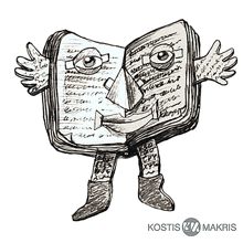 a drawing of a book with arms and legs is sponsored by kostis