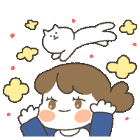 a drawing of a girl with a cat flying over her head