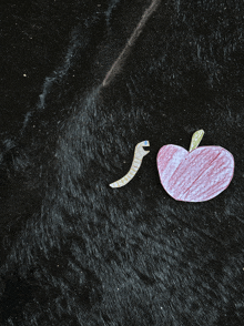 a drawing of an apple and a worm are on a black surface