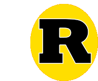 a black letter r is in a yellow circle on a white background