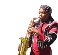 a woman playing a saxophone in a marching band uniform with the letter u on the front